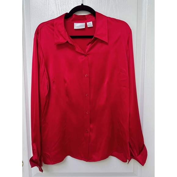 Worthington Tops - Worthington 100% Silk Red Long Sleeve Button Down Shirt Womens Large Old Money
